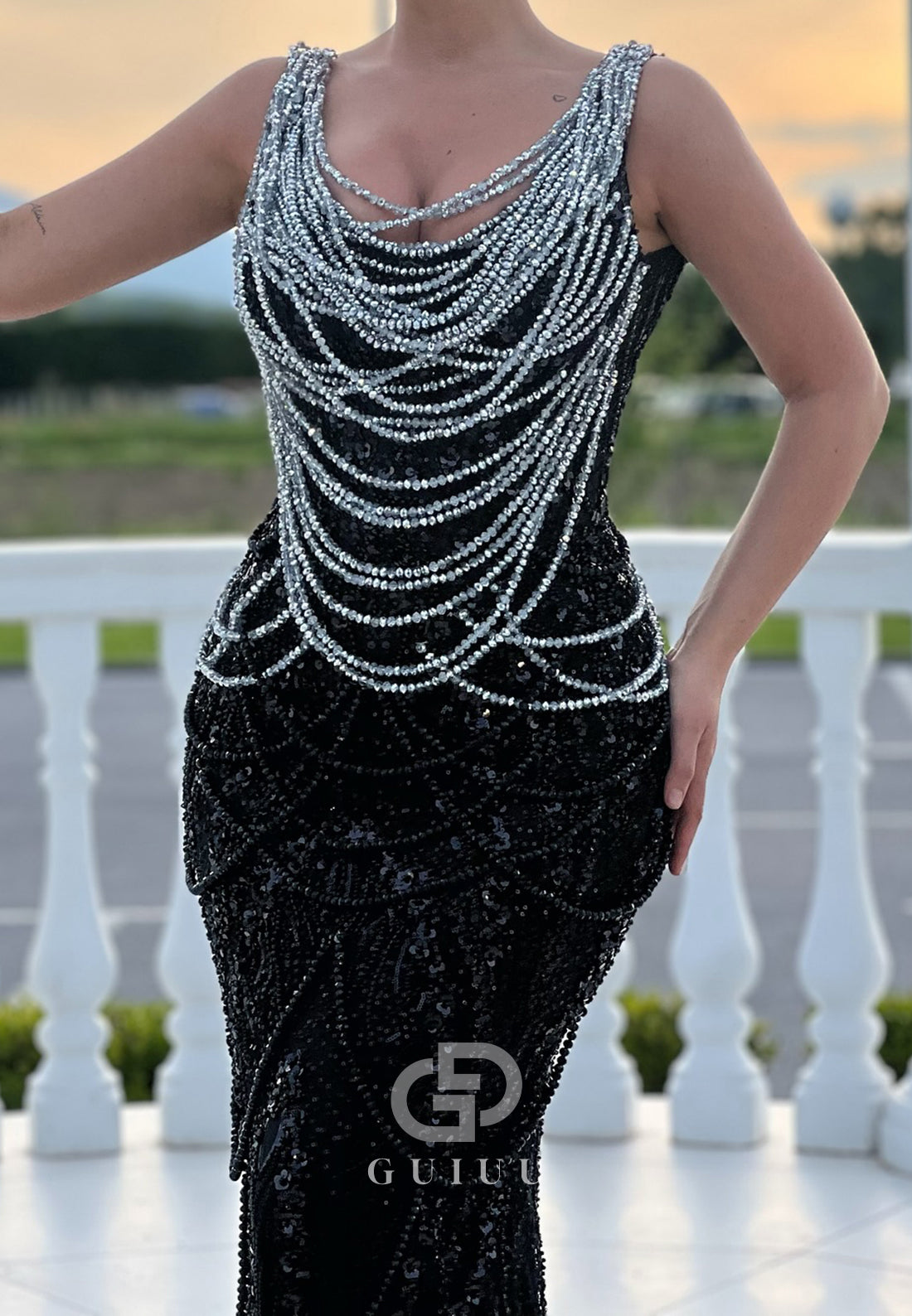 Sparkly Spaghetti Straps Scoop Sequins Mermaid Evening Dress
