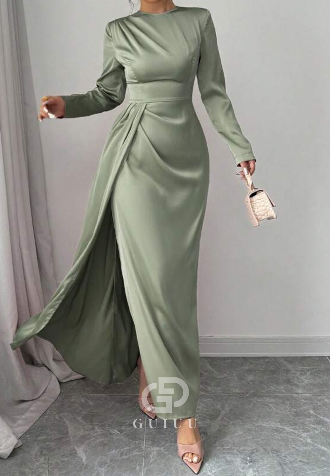 Simple A-Line Long Sleeves Scoop Ruched Chiffon Evening Dress