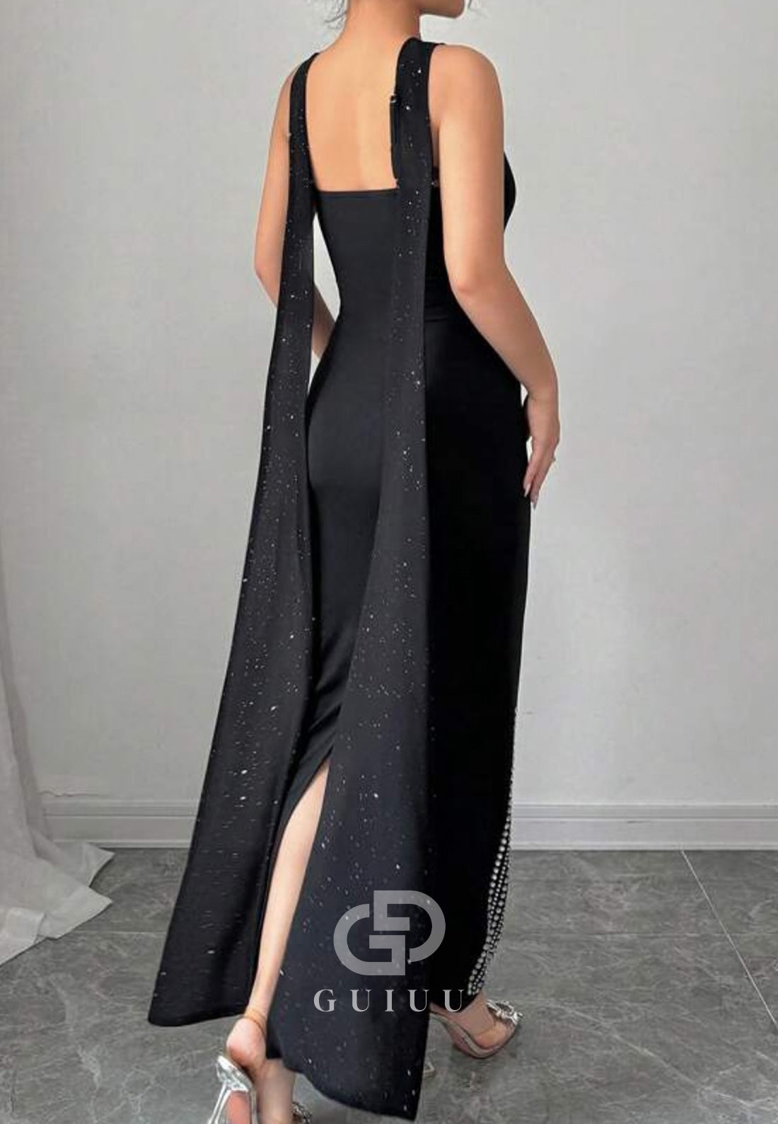 Black Sleeveless Halter Sequins Slit Evening Dress