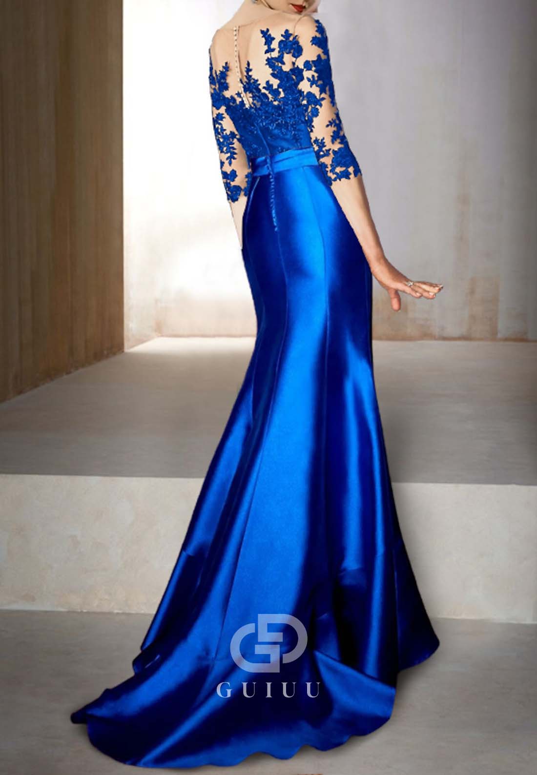 Royal Blue Half Sleeves Scoop Ruched Appliques Cocktail Evening Dress