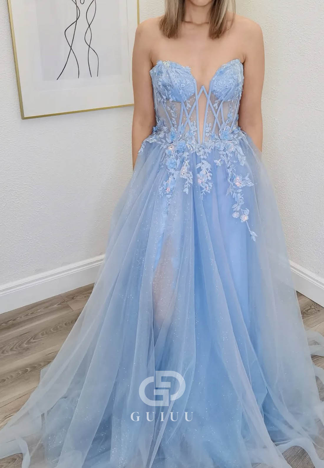 Sky Blue Sweetheart Sleeveless Corset Tulle Prom Dress
