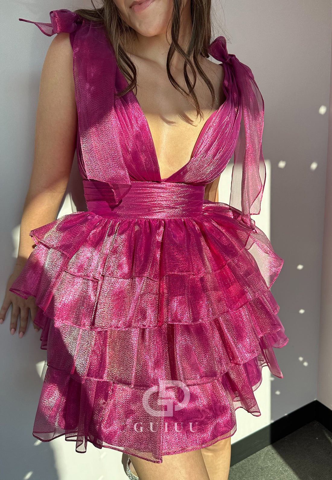 Fuchsia Spaghetti Straps V-Neck Ruffles Homecoming Dress