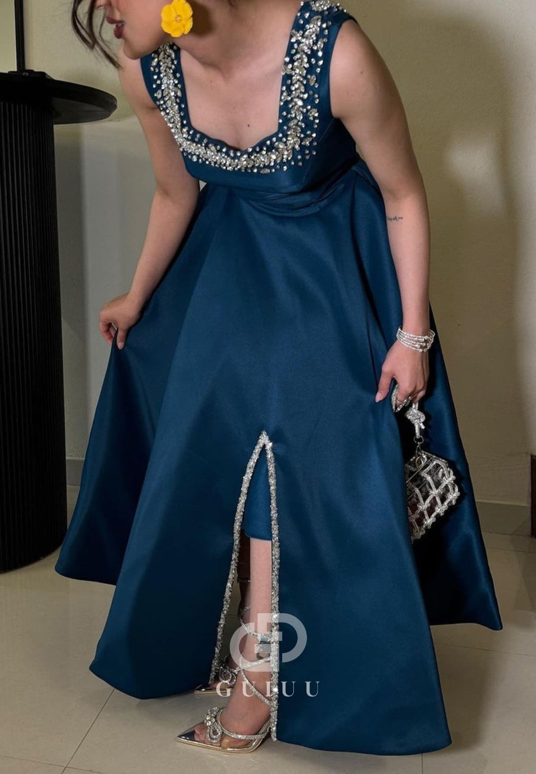 Ink Blue Spaghetti Straps Square Sequins Evening Dress