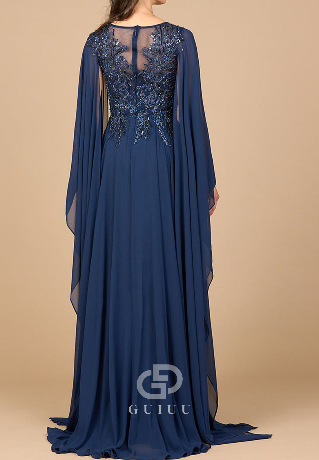 Long Sleeves V-Neck Appliques A-Line Chiffon Evening Dress