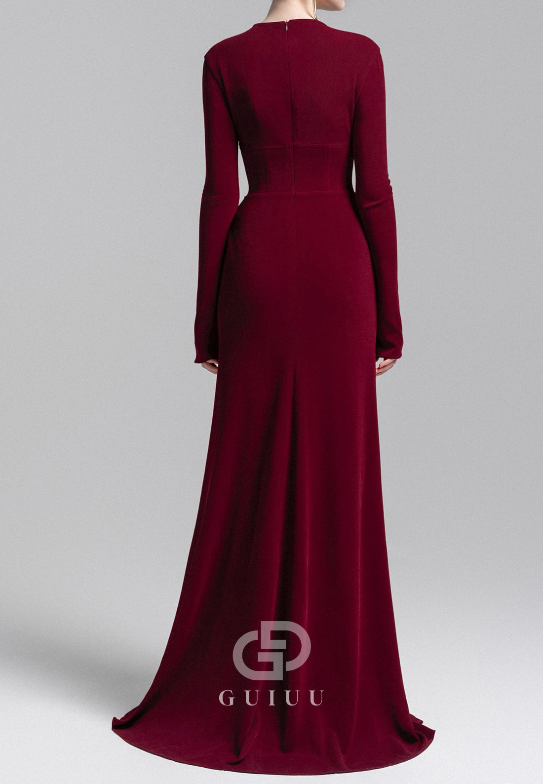 Burgundy Long Sleeves Scoop A-Line Satin Evening Dress