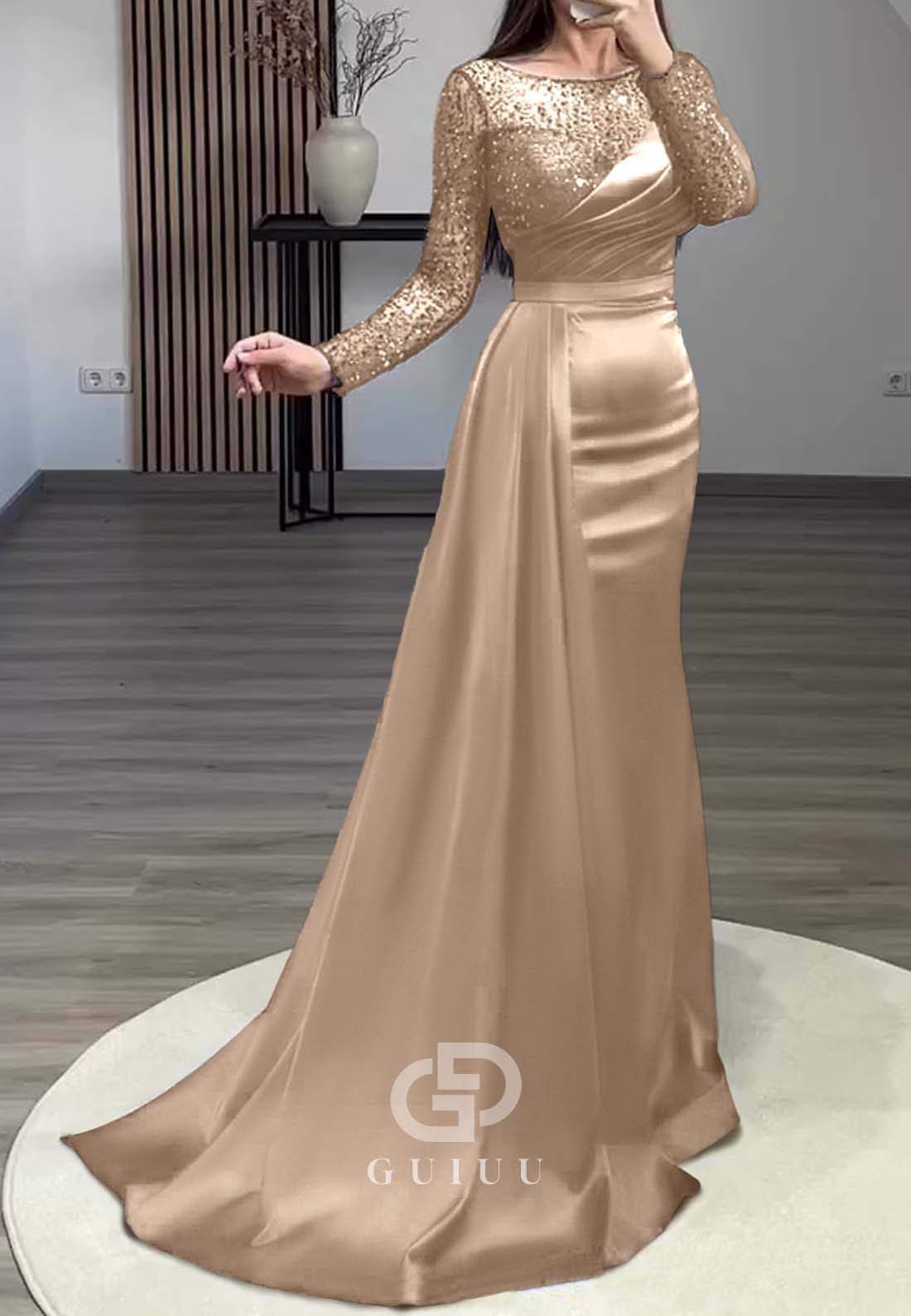 Sheath Long Sleeves Scoop Sequins Ruched Evening Dress