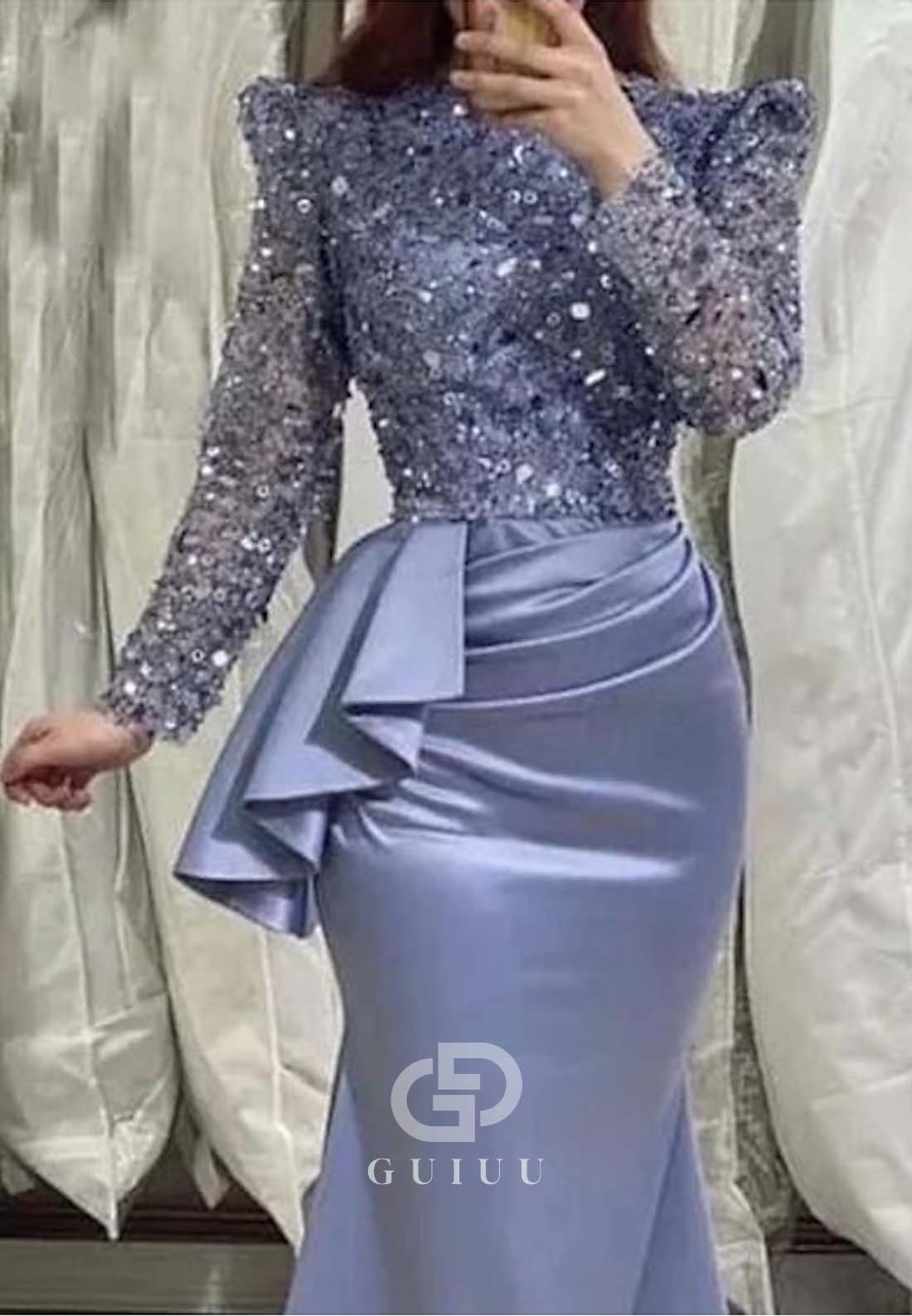 Lavender Long Sleeves Scoop Ruched Mermaid Evening Dress