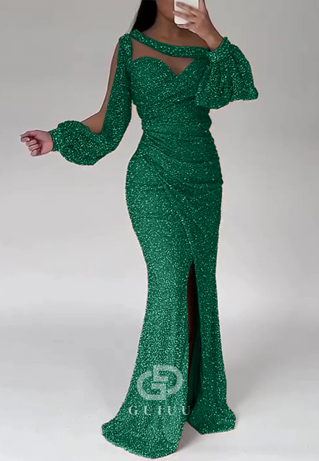 Asymmmetrical Long Sleeves Slit Sequins Floor-Length Evening Dress