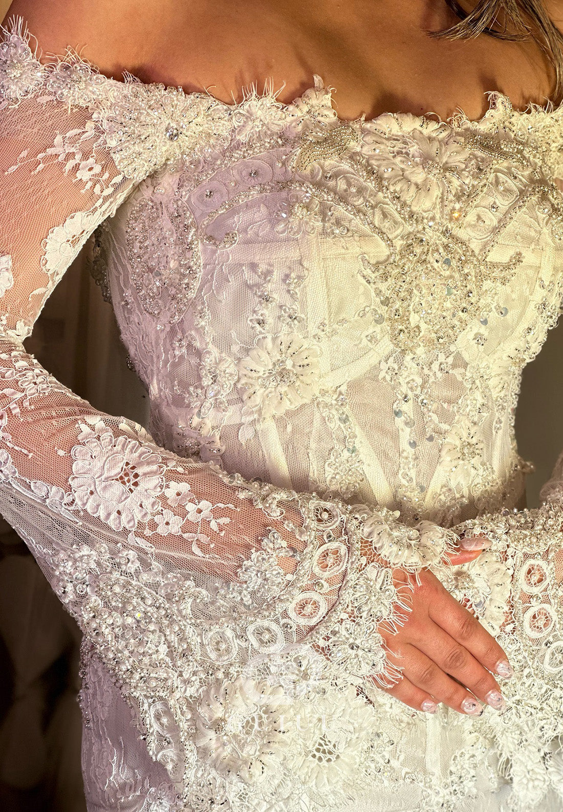 Long Sleeves Off-Shoulder Backless Lace Mermaid Wedding Dress