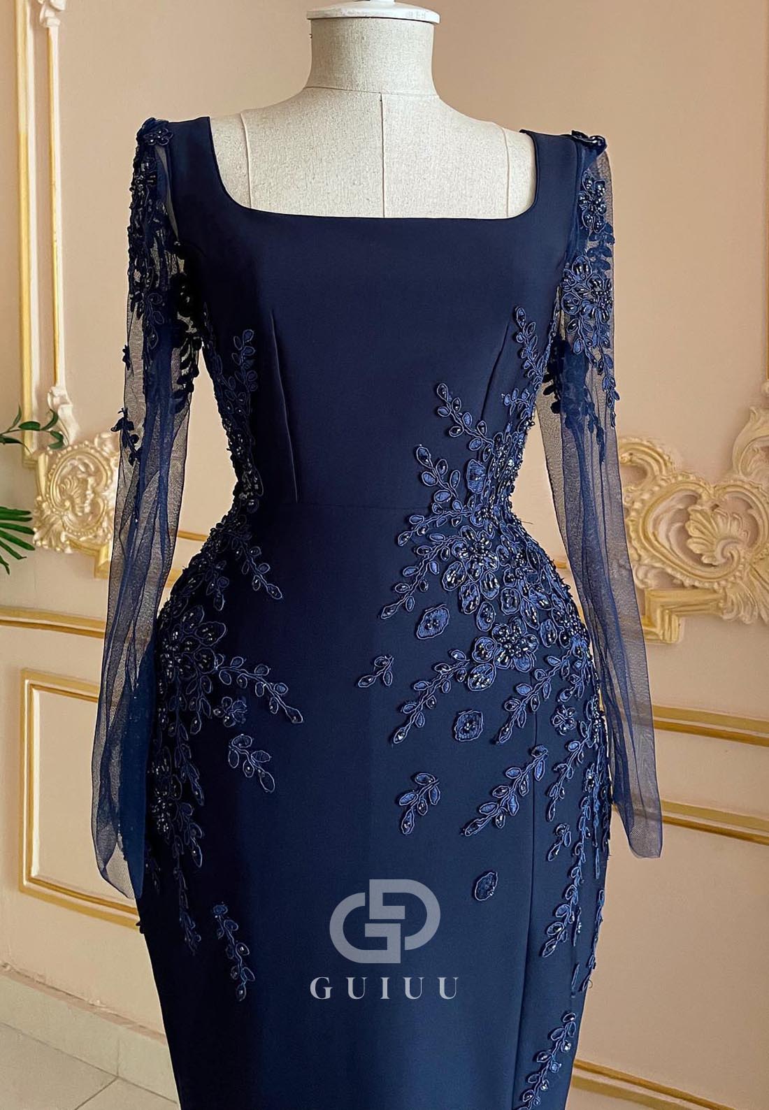 Dark Navy Long Sleeves Square Appliques Evening Dress