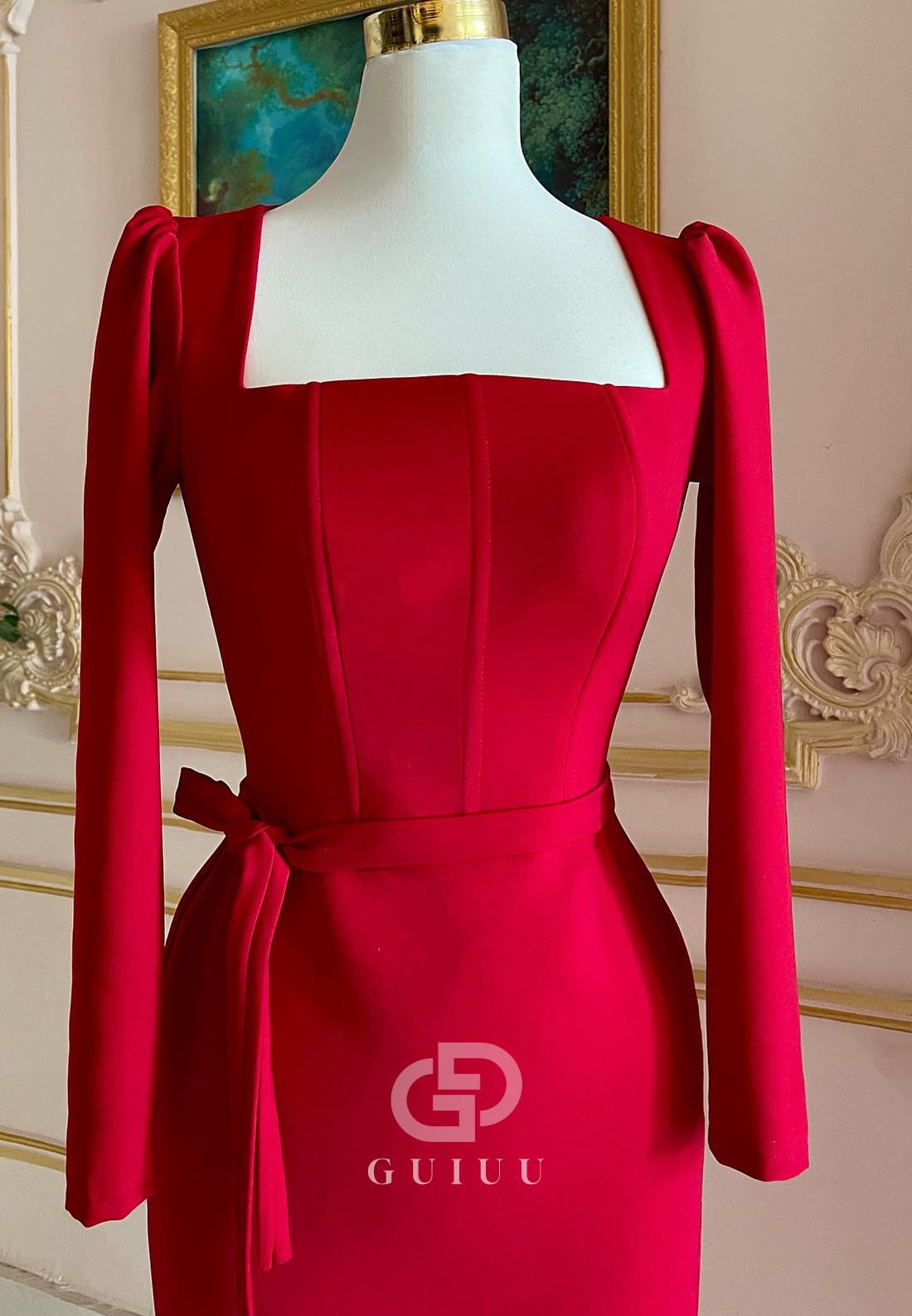 Red Long Sleeves Square Ruched Satin Evening Dress