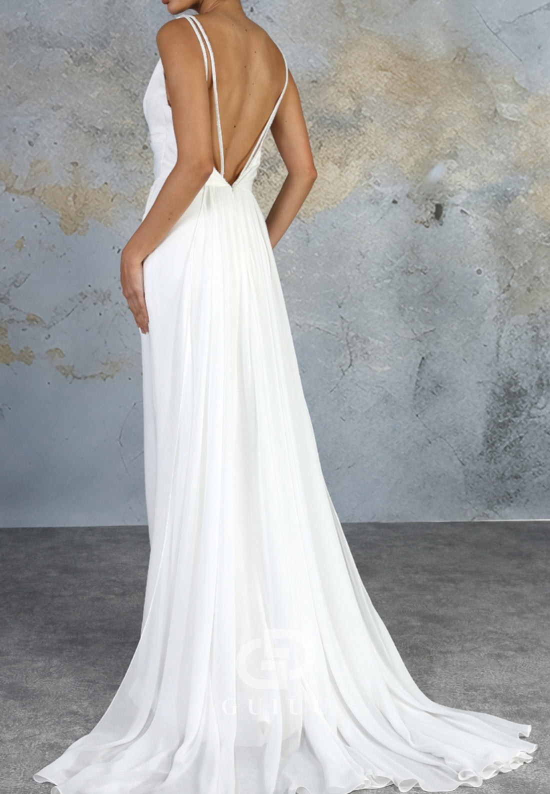 Simple Spaghetti Straps V-Neck Backless Wedding Dress