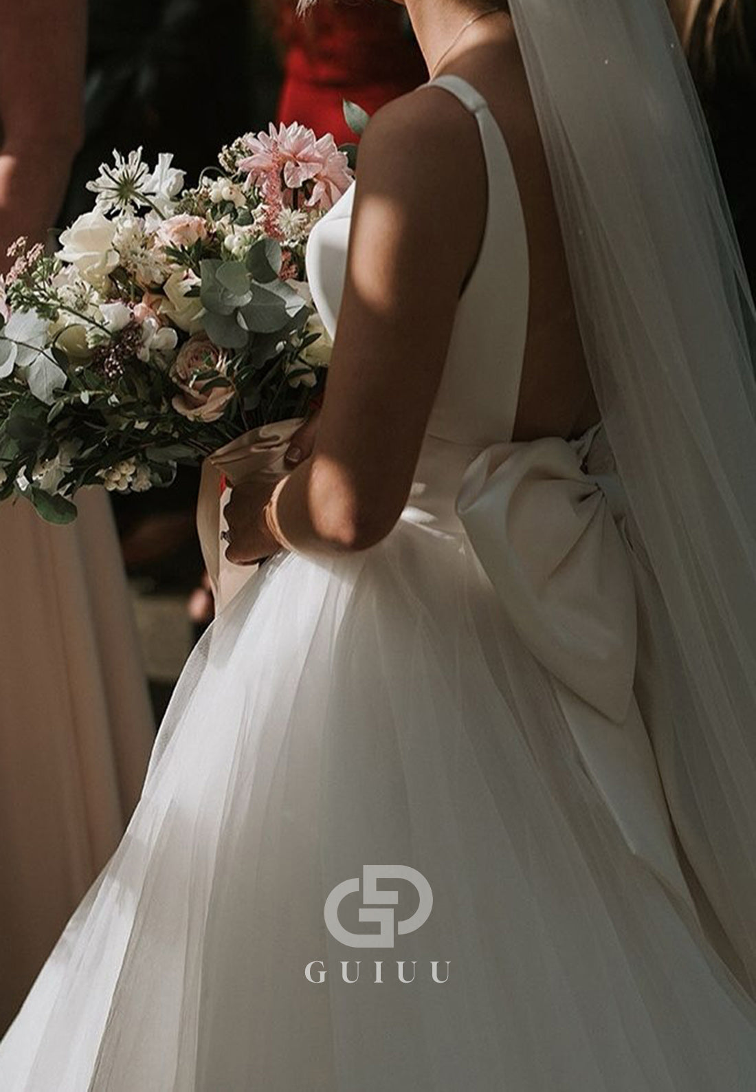 Spaghetti Straps V-Neck Empire-Waist Satin Wedding Dress