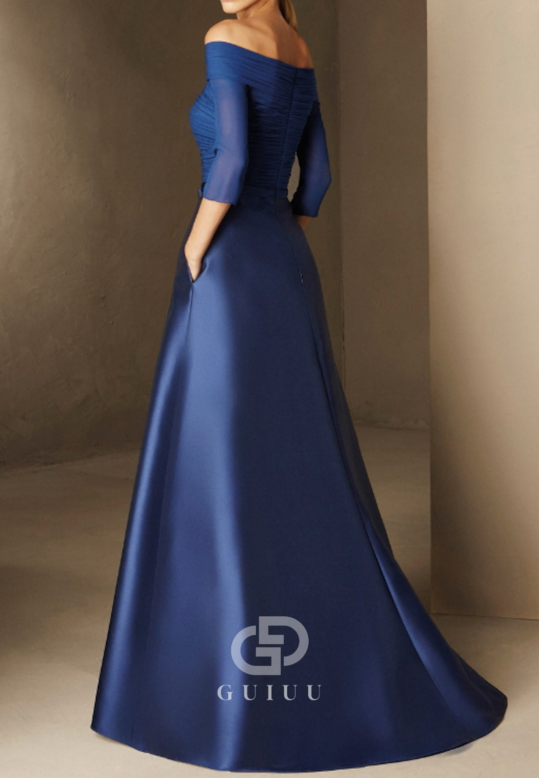 Half Sleeves Scoop Ruched A-Line Satin Mother of the Bride Dress