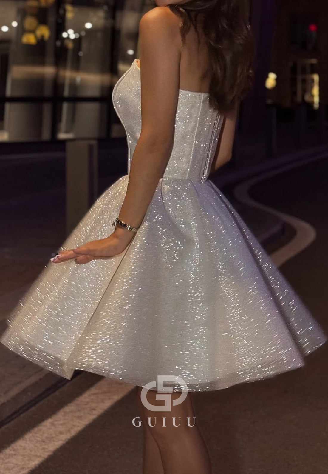Sparkly Sleeveless Strapless Empire-Waist Short Homecoming Dress