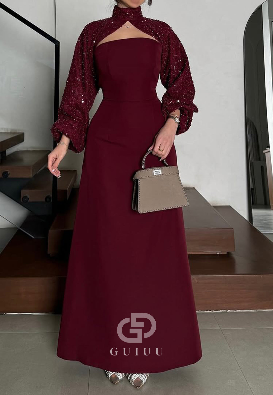 Burgundy A-Line Long Sleeves High Neck Evening Dress