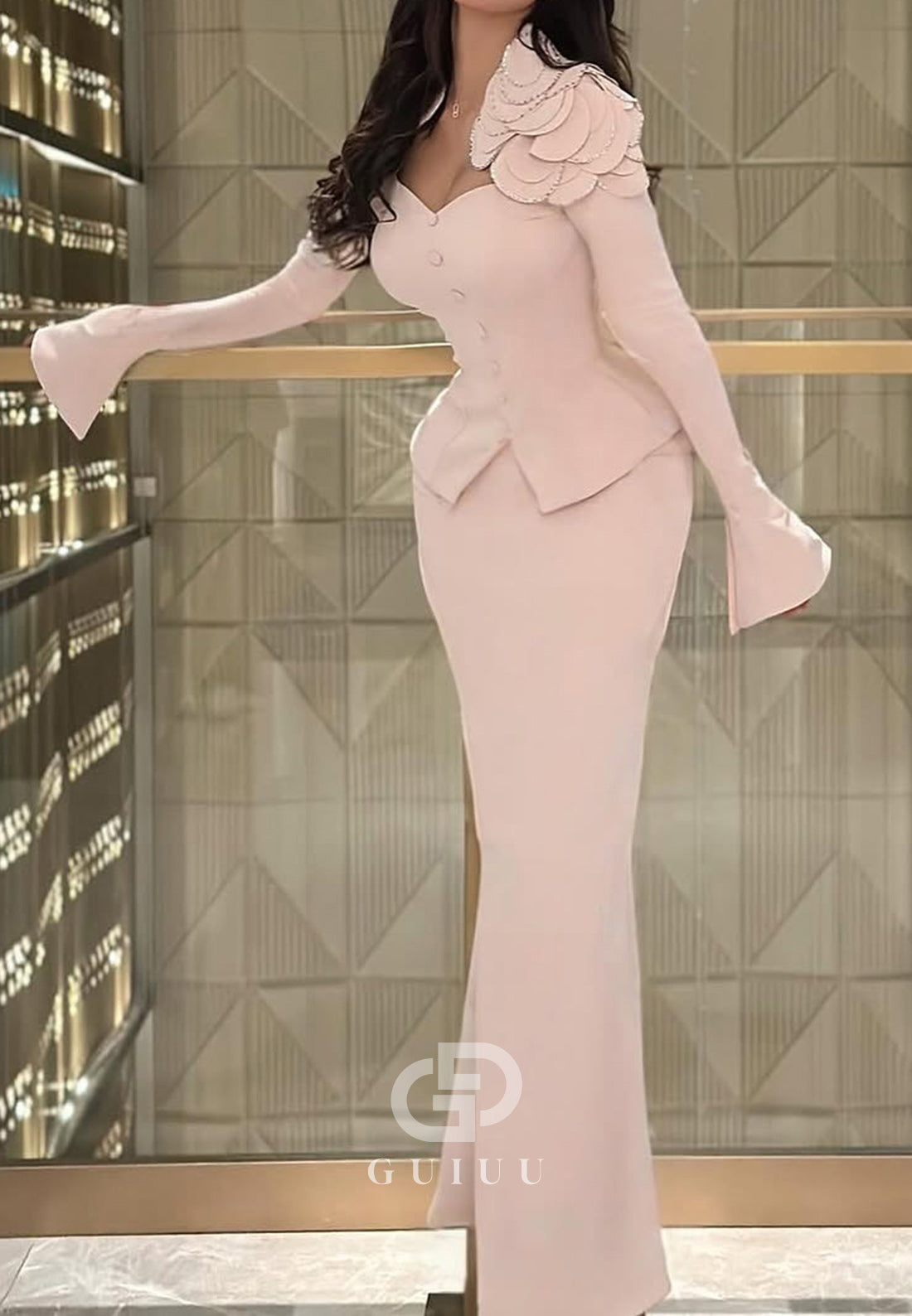 Rose Petal Long Sleeves Square Corset Semi-Formal Dress