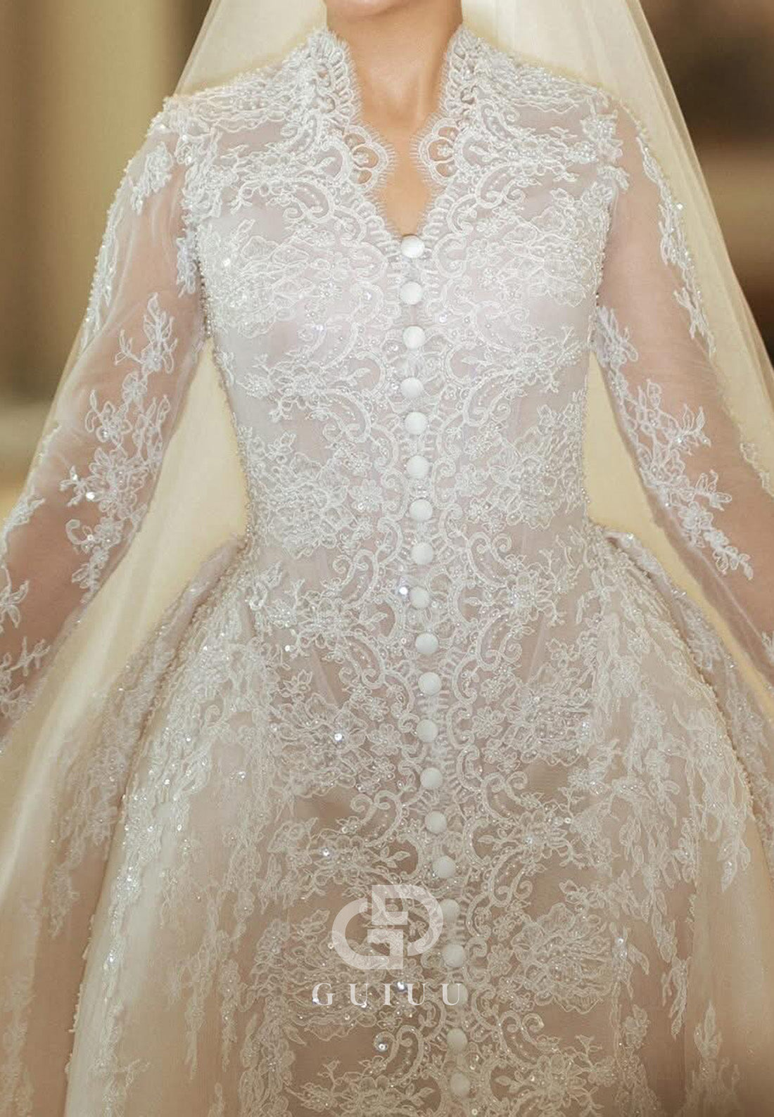 Elegant Long Sleeves V-Neck A-Line Lace Wedding Dress