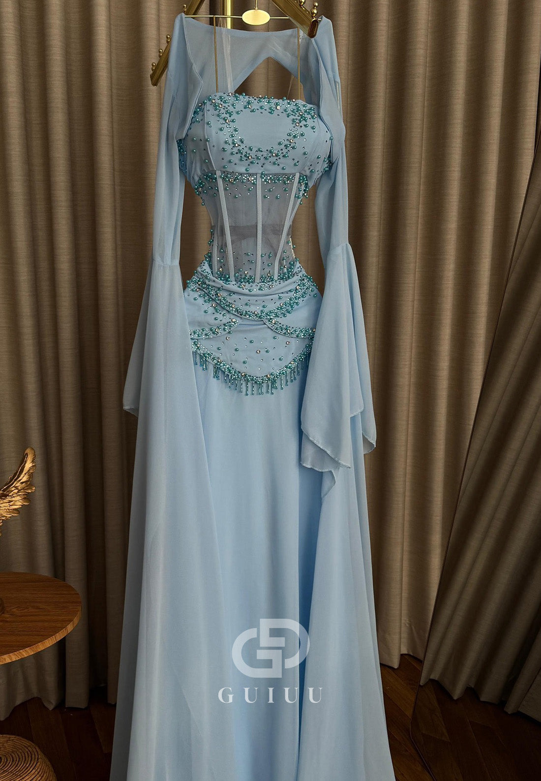 Sky Blue Long Sleeves Scoop Corset Tulle A-Line Prom Dress