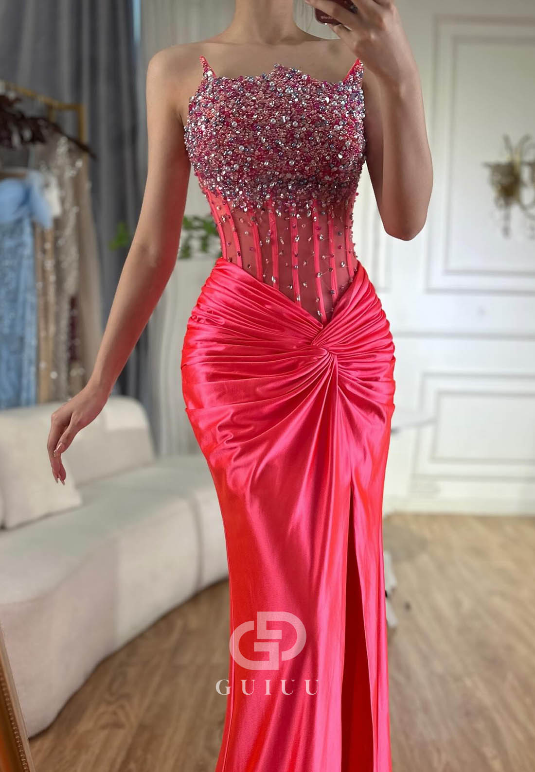 Charming A-Line Sleeveless Strapless Sequins Slit Ruched Prom Dress