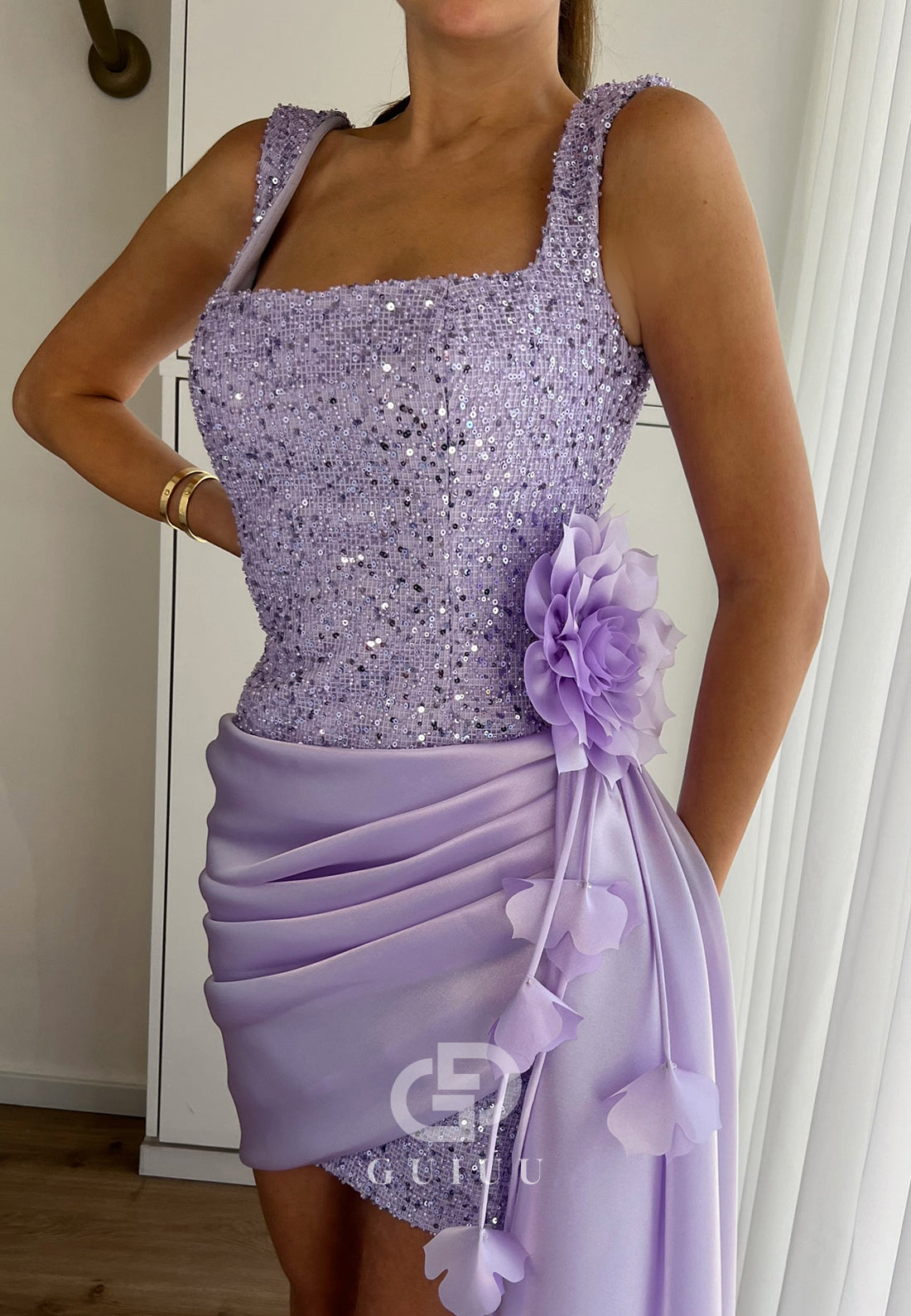 Lilac Spaghetti Straps Square Ruched Homecoming Dress