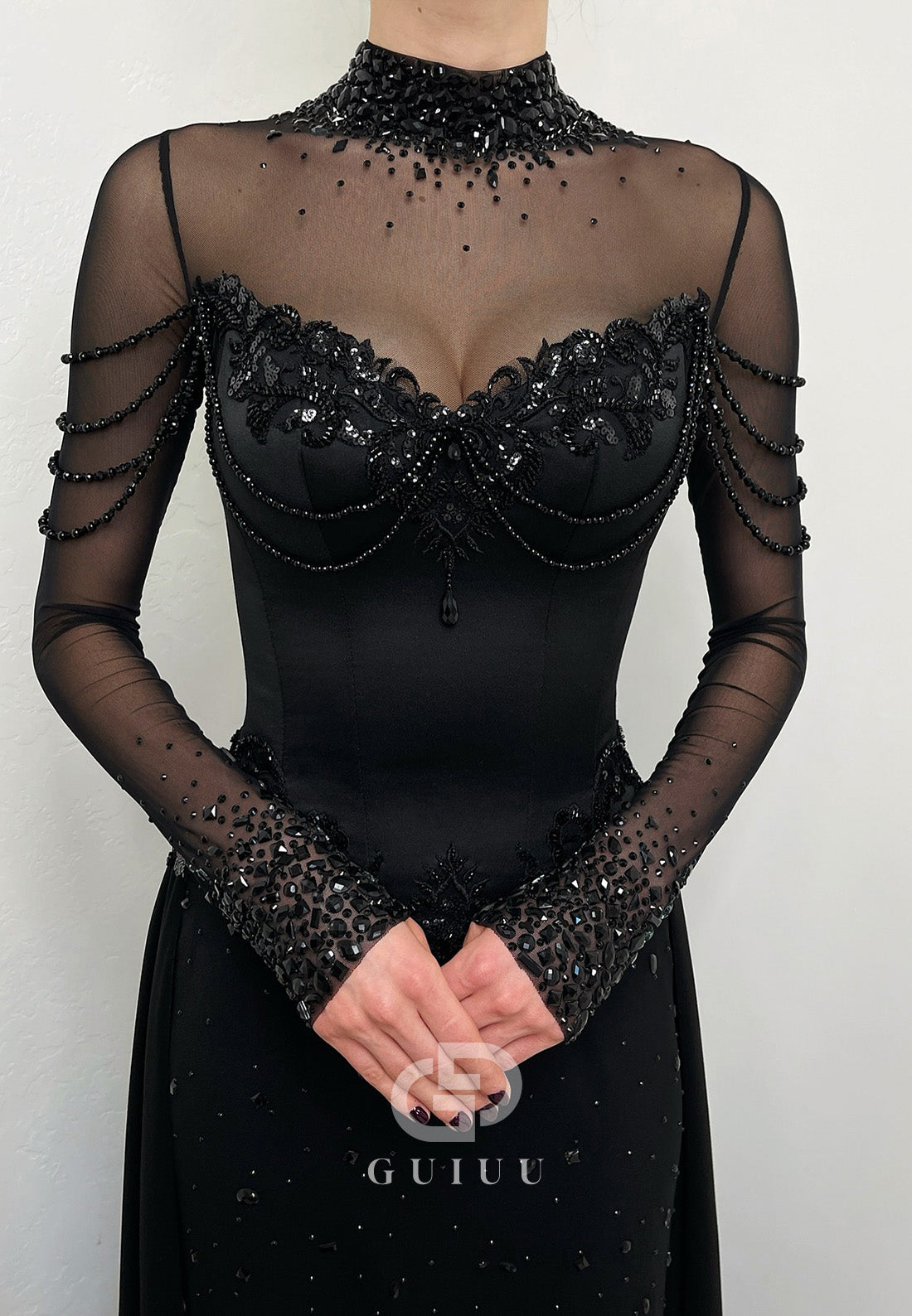 Black High Neck Long Sleeves Sweep Train Wedding Dress