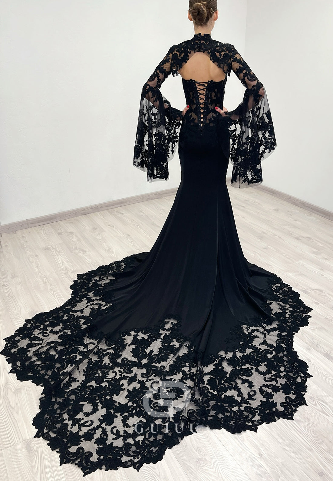 Black Long Sleeves High Neck Mermaid Lace Wedding Dress