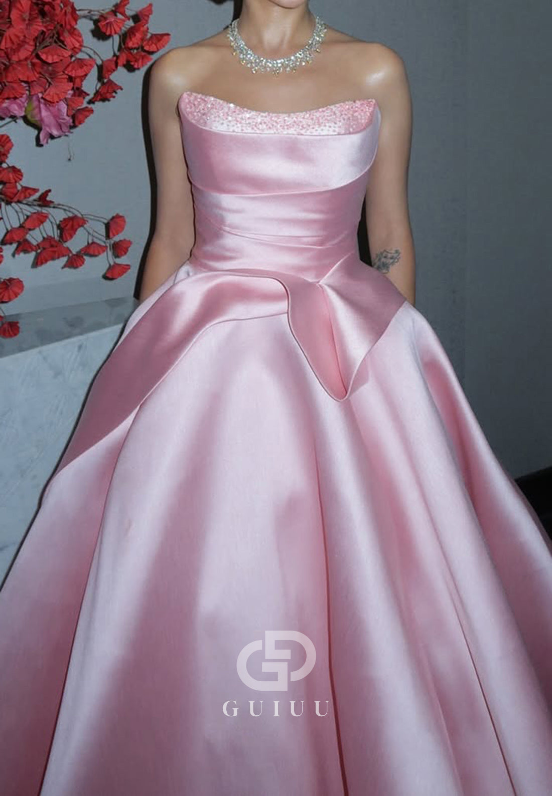 Blushing Pink Strapless Sleeveless Ruched Evening Dress