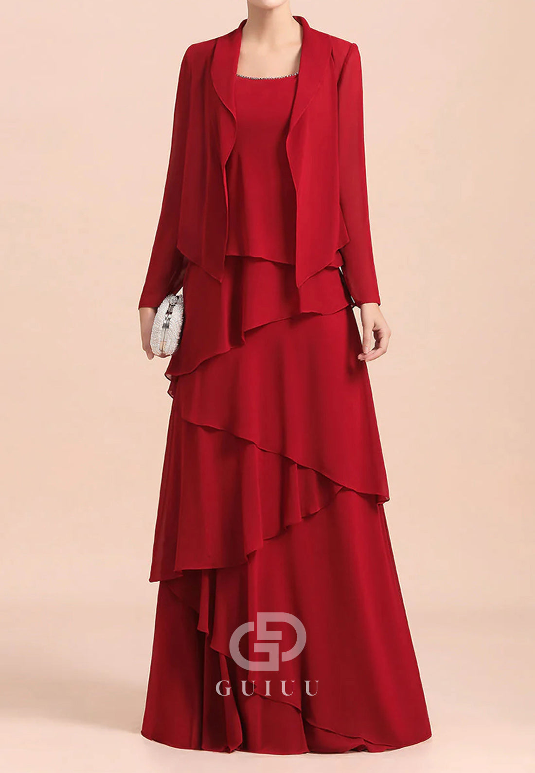 A-Line Long Sleeves Square Floral Appliques Mother of the Bride Dress