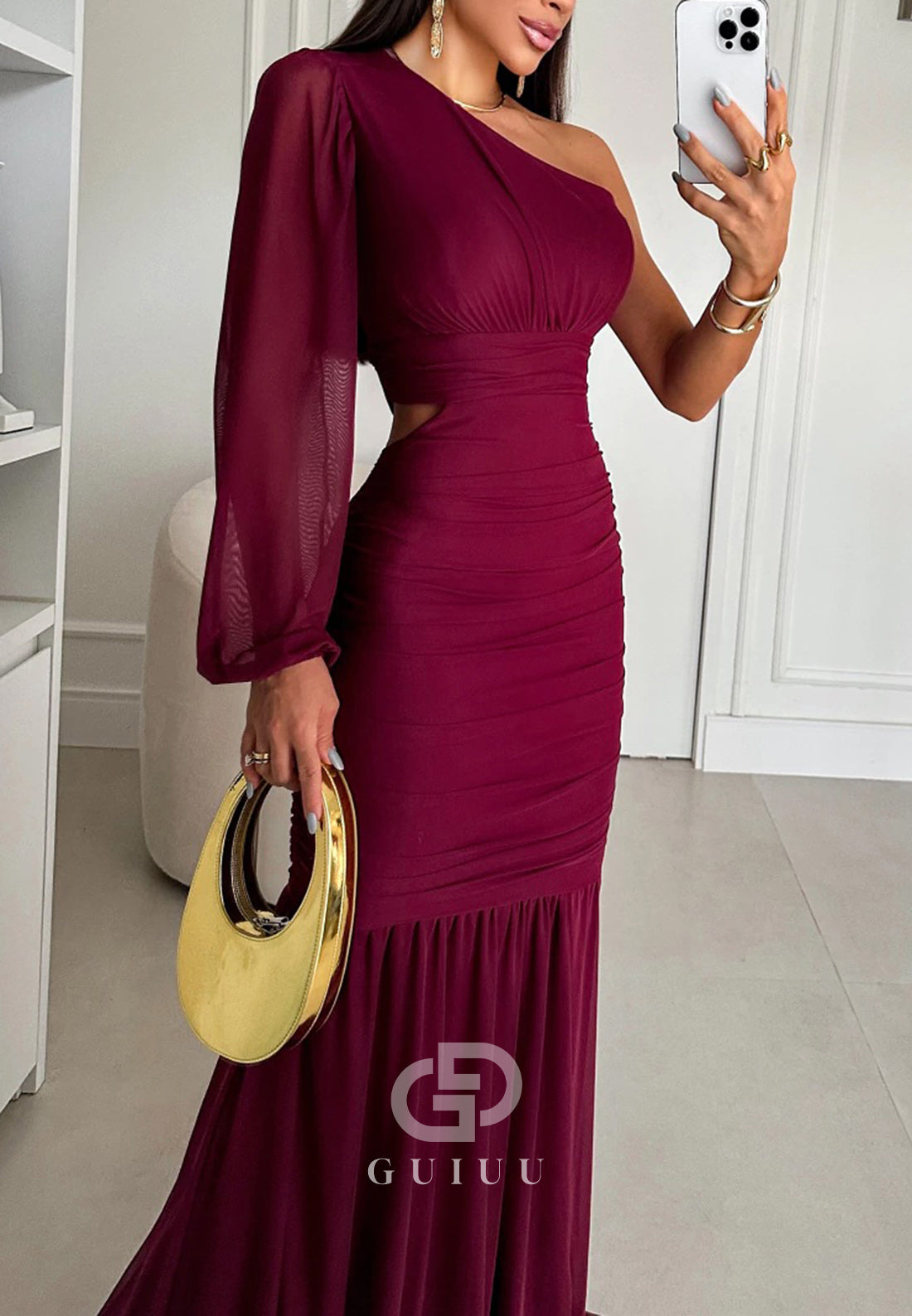 One Shoulder Long Sleeves Empire-Waist Evening Dress