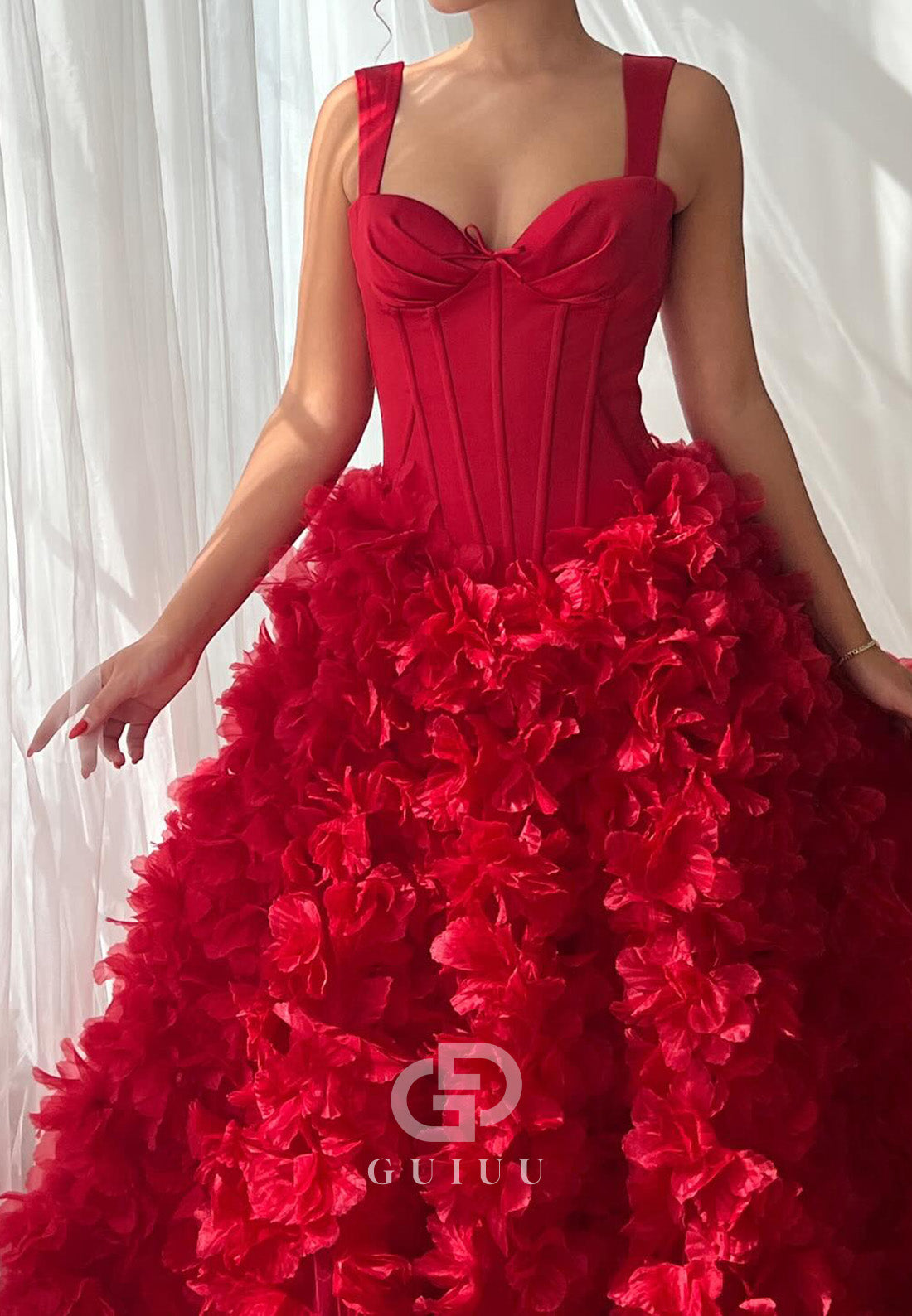 Red Spaghetti Straps Scoop Ruffles A-Line Evening Dress