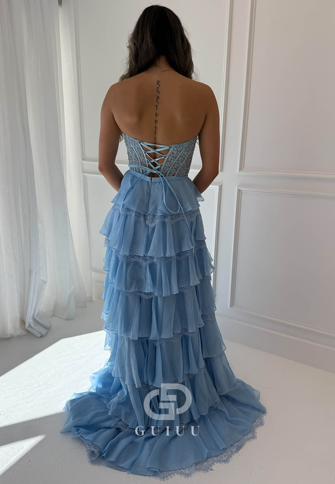 Sky Blue Sleeveless Sweetheart Slit Ruffles Prom Dress