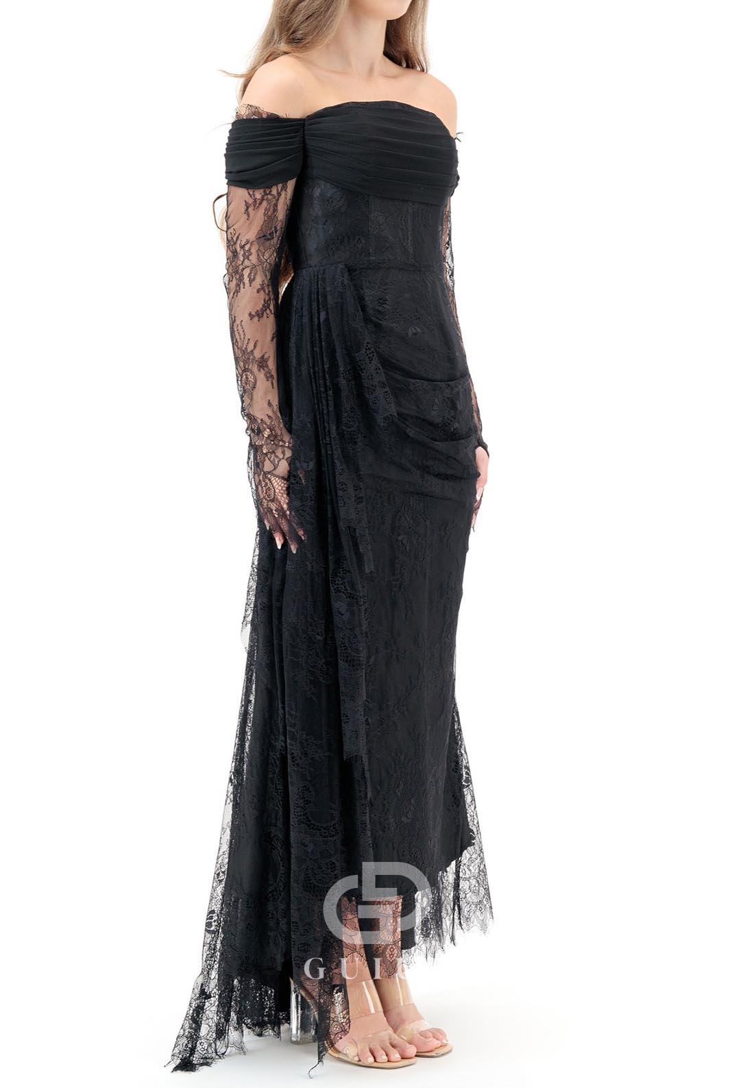 Black Long Sleeves Off-Shoulder Lace Evening Dress