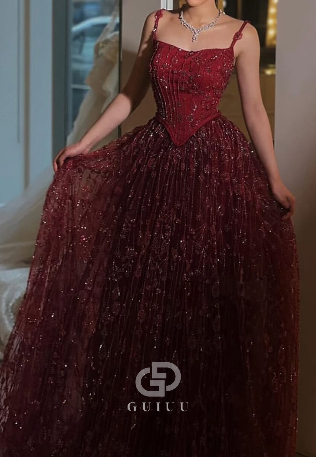 Burgundy Spaghetti Straps Square Sequins Evening Dress