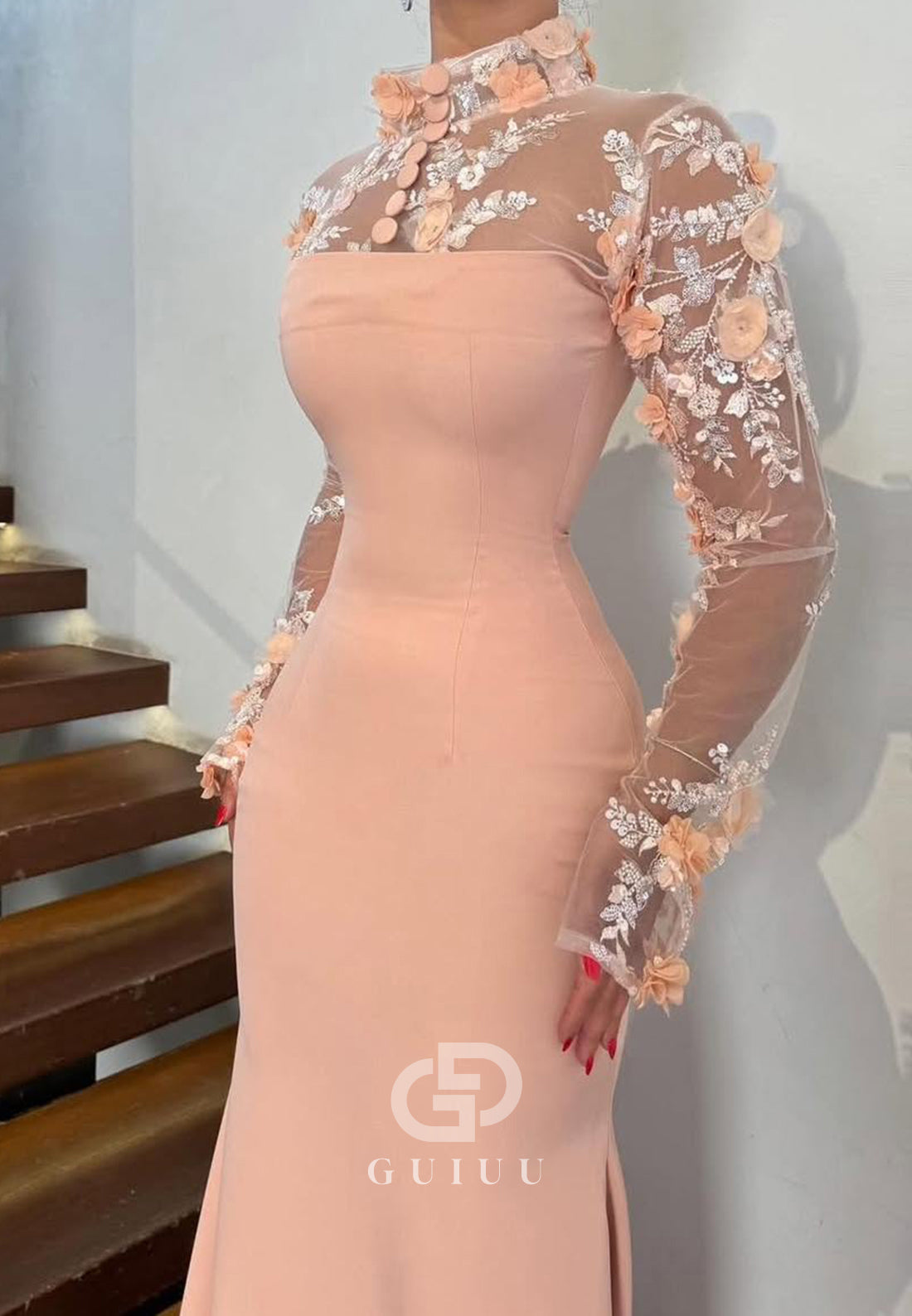 Pearl Pink High Neck Long Sleeves Corset Mermaid Evening Dress