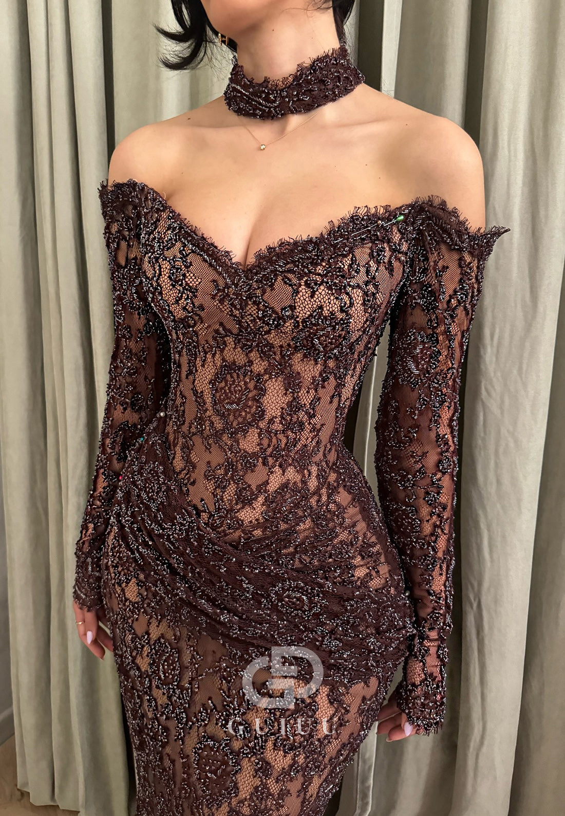 Charming Long Sleeves Sweetheart Ruched Lace Evening Dress