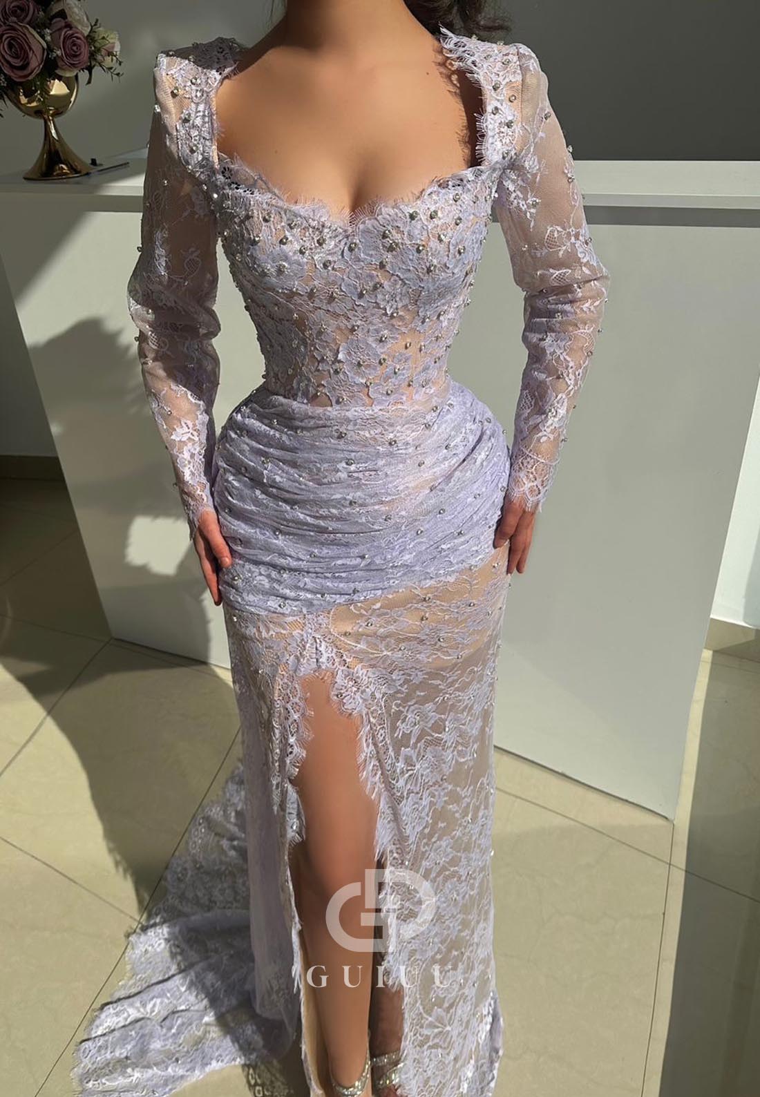 Lilac Long Sleeves Sweetheart Corsert Lace Evening Dress