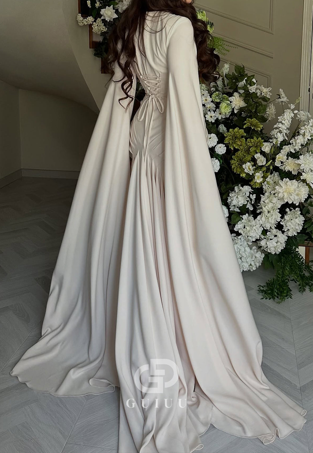 White A-Line Cape A-Line Ruched Mother of the Bride Dress