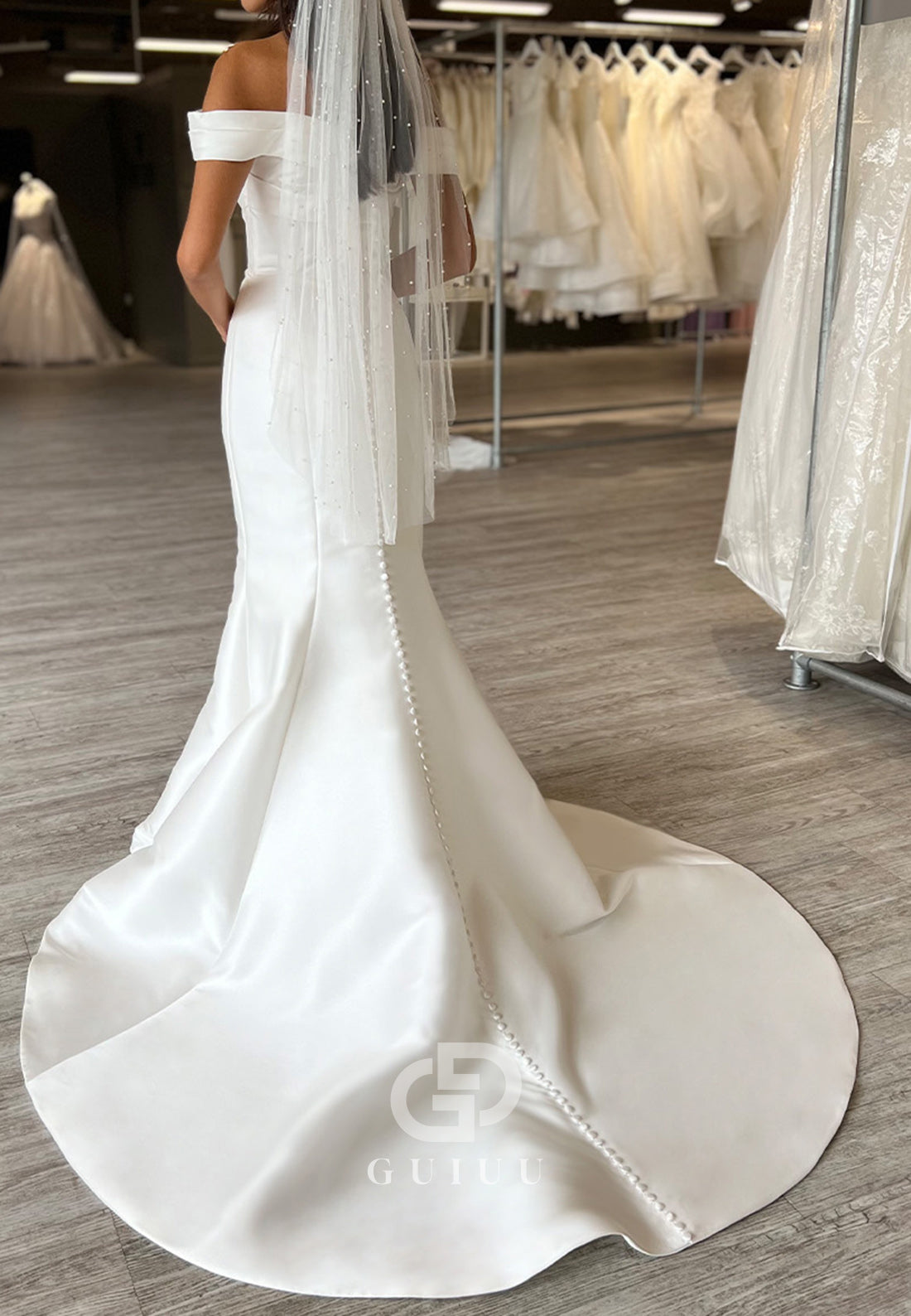Sleeveless Off-Shoulder Ruched Satin Mermaid Wedding Dress