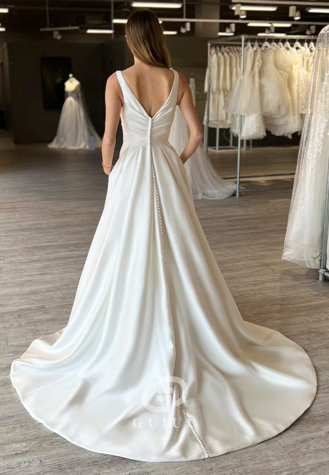 Spaghetti Straps V-Neck Empire-Waist Satin Wedding Dress