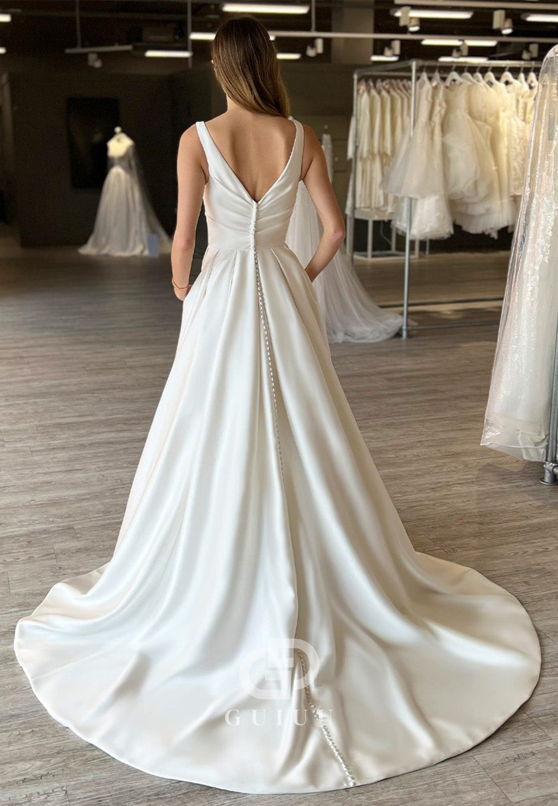 Simple Spaghetti Straps V-Neck A-Line Wedding Dress