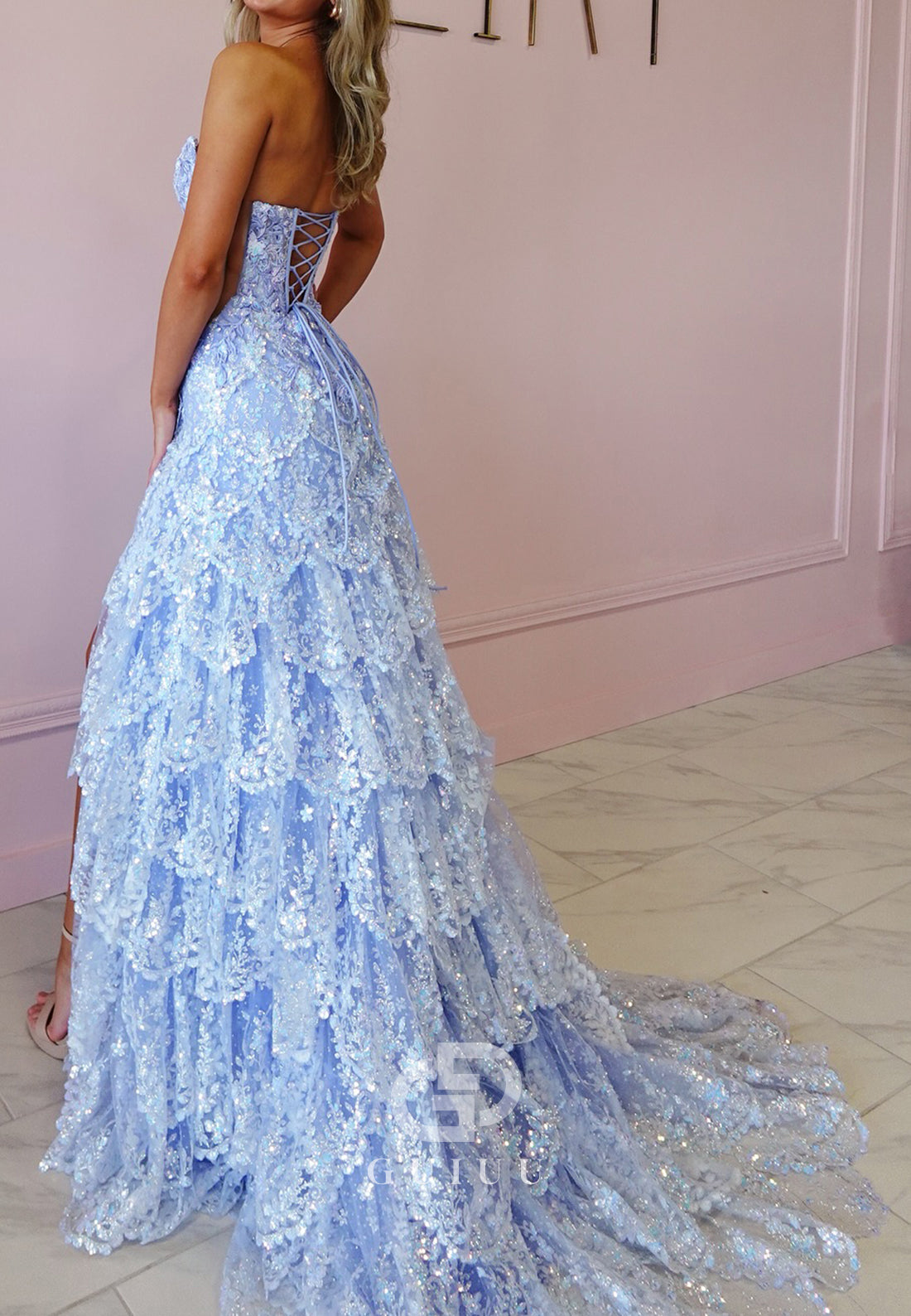 Sky Blue Spaghetti Straps Sweetheart Ruffles Prom Dress