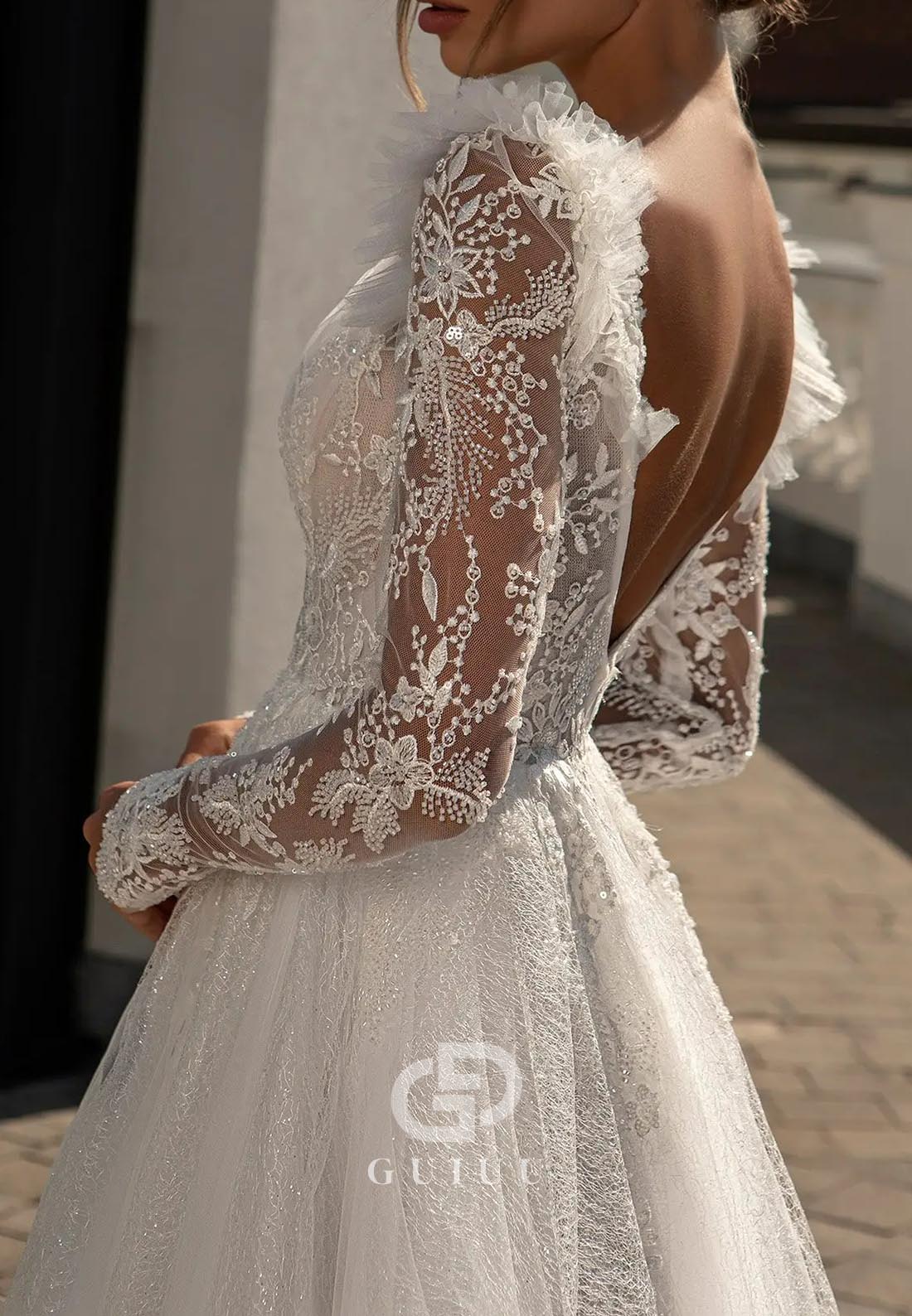 Gorgeous Long Sleeves V-Neck Corset Backless Lace Wedding Dress