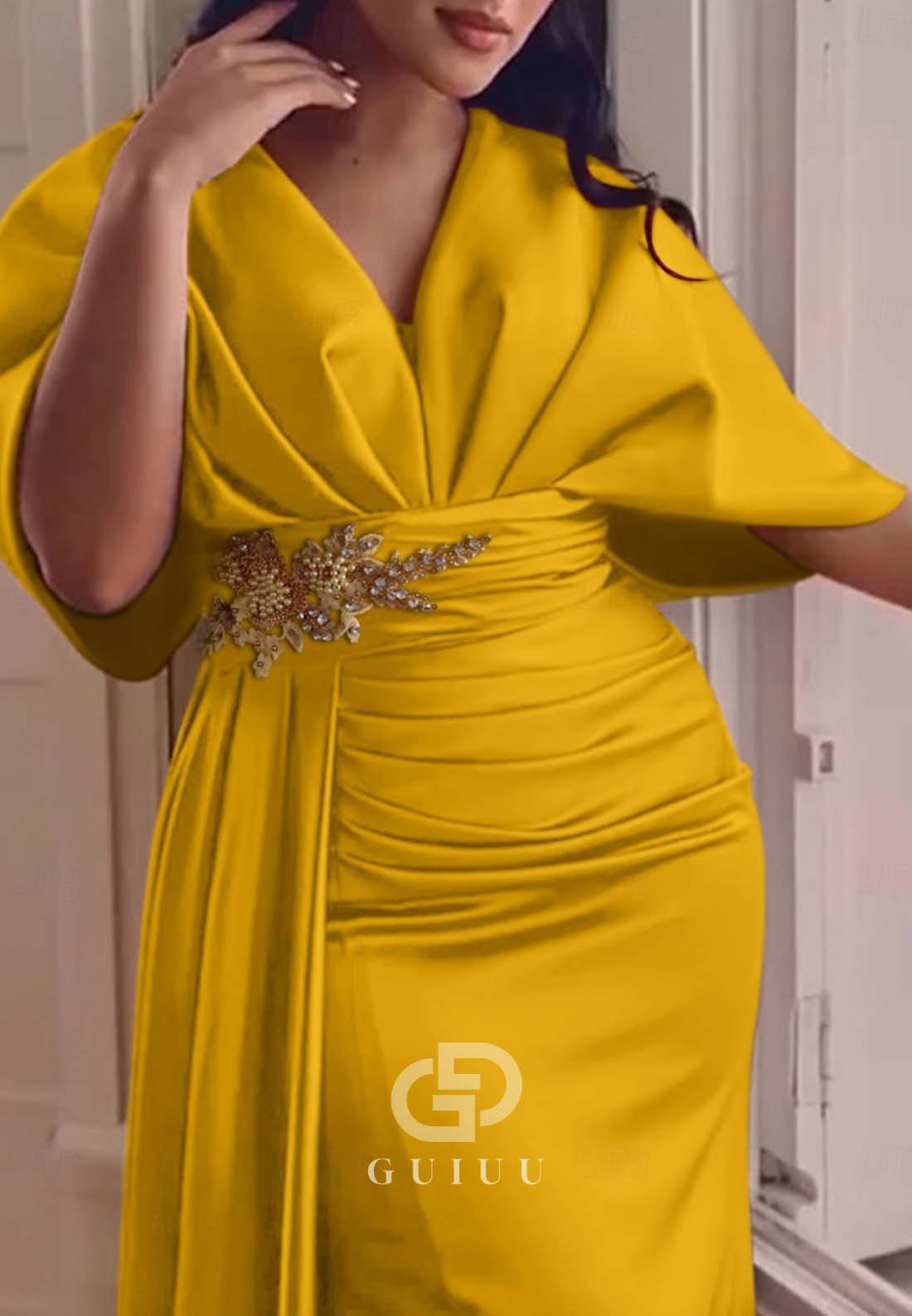 Sheath Cap Sleeves V-Neck Ruched Slit Evening Formal Dress