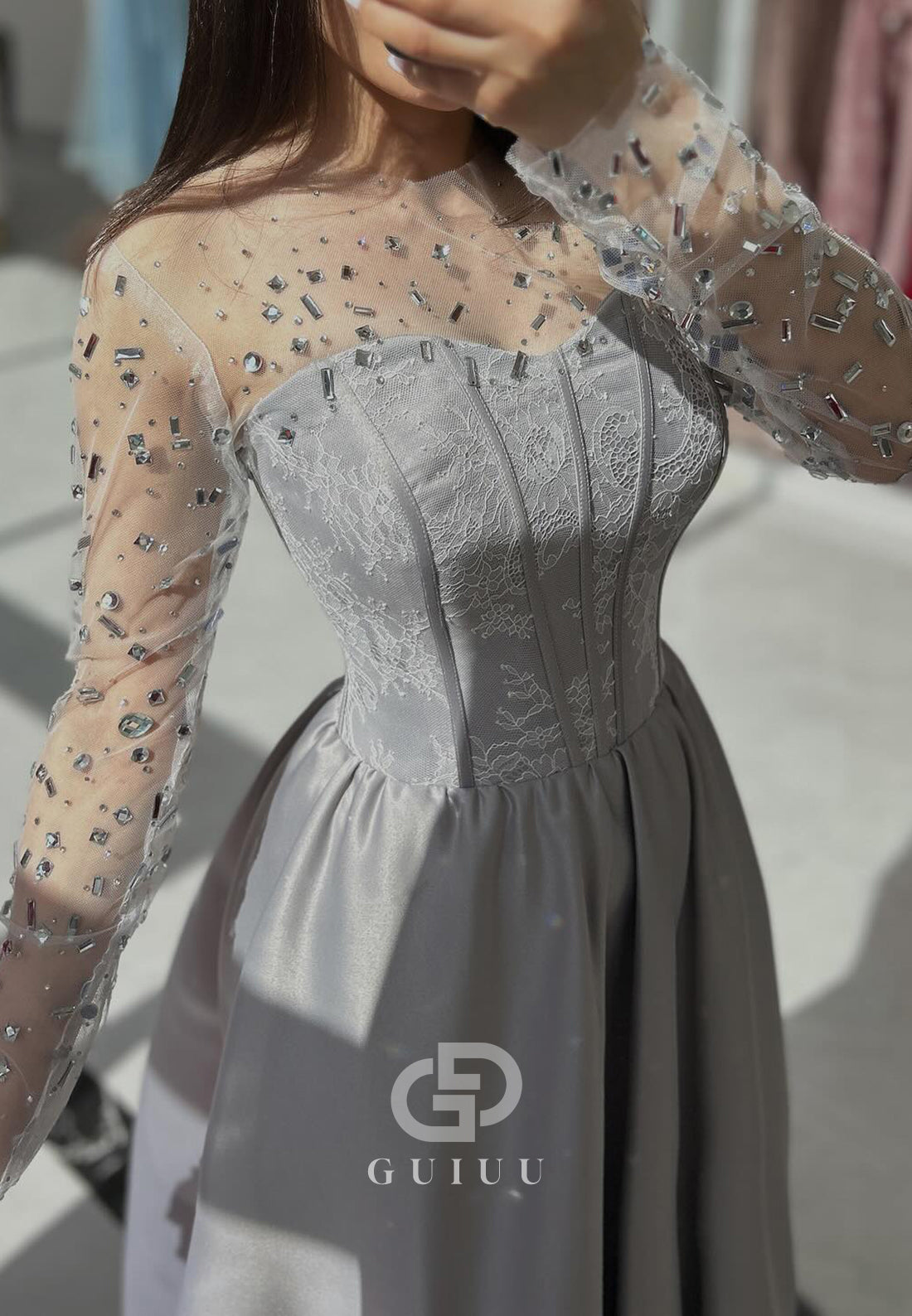 Long Sleeves Scoop Beads A-Line Empire-Waist Prom Dress