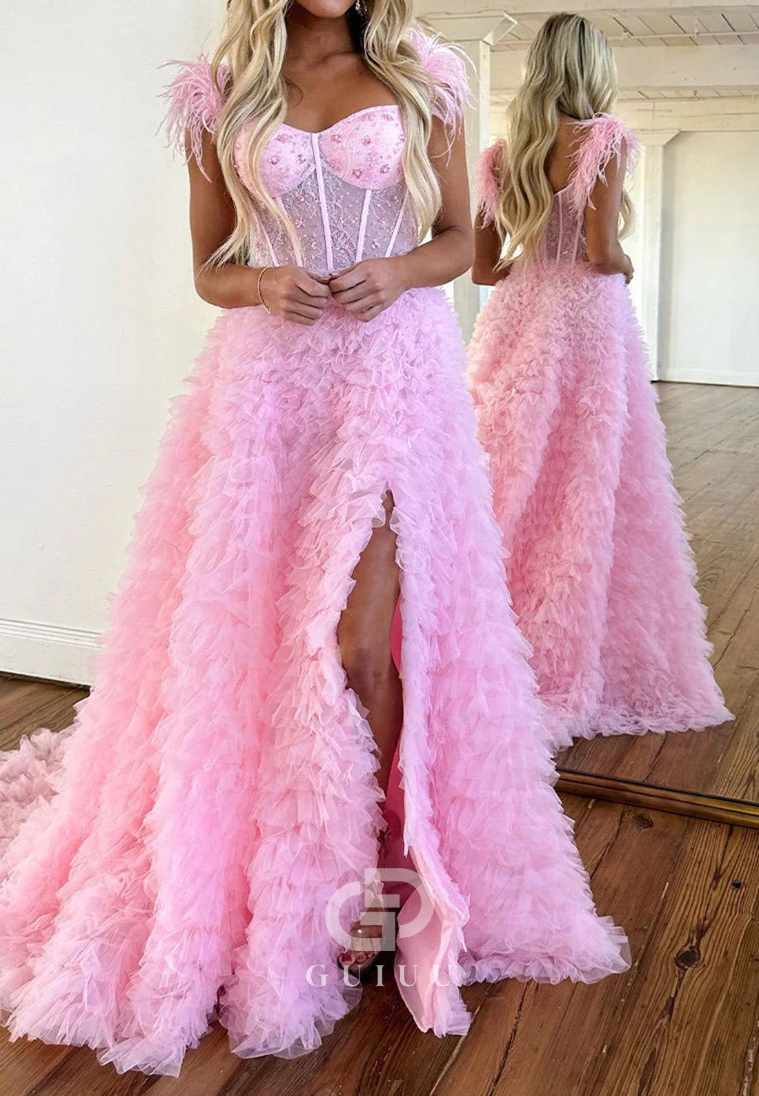 A-Line Sweetheart Tiered Tulle Long Prom Dress With Slit