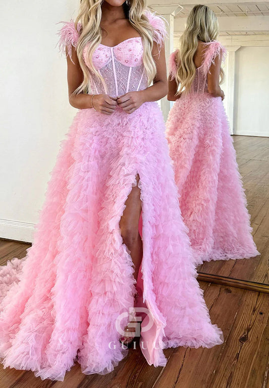 A-Line Sweetheart Tiered Tulle Long Prom Dress With Slit