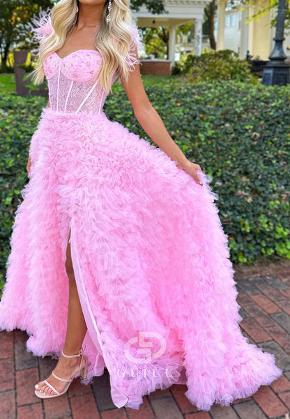 A-Line Sweetheart Tiered Tulle Long Prom Dress With Slit