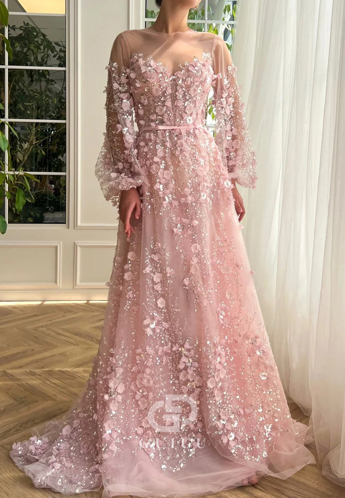 Blushing Pink Long Sleeves Scoop Appliques Evening Dress