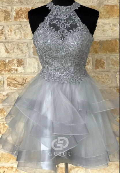 Silver Halter Sleeveless Corset Ruffles Homecoming Dress